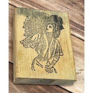 1992 STAMP FRANCISCO  WOOD RUBBER STAMP ELEGANT PARIS LADY N TOP HAT W/ UMBRELLA